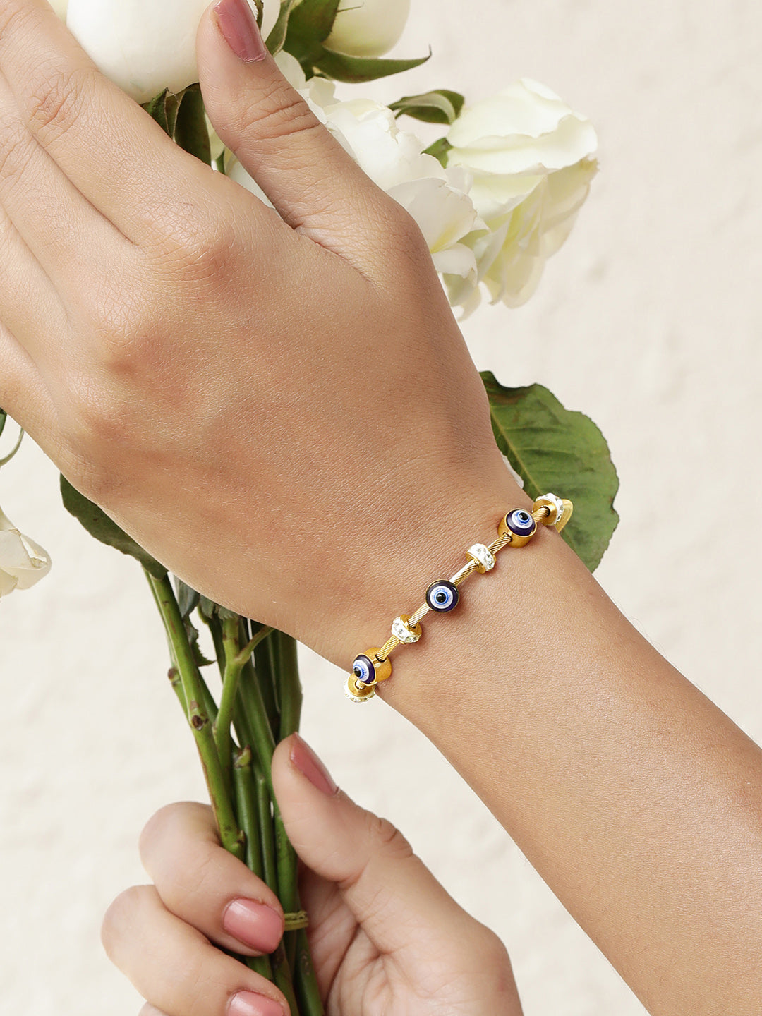 18K Gold-Plated Stainless Steel Tarnish-Free Waterproof CZ Studded Evil Eye Charm Bracelet