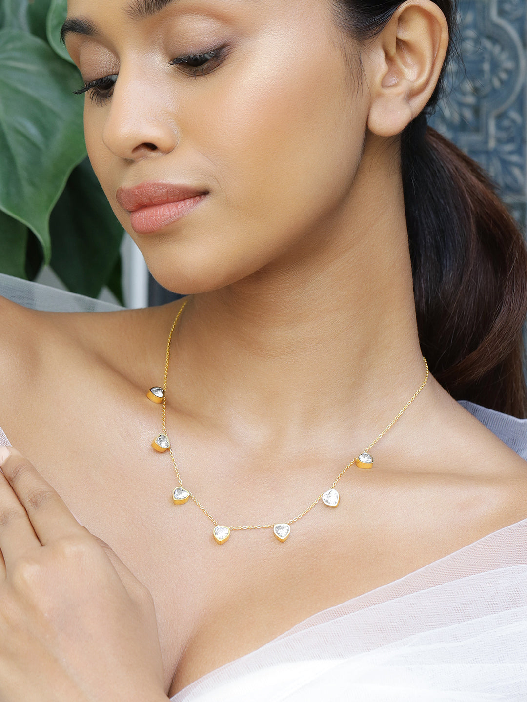 Crystal Heart Beaded Gold Necklace