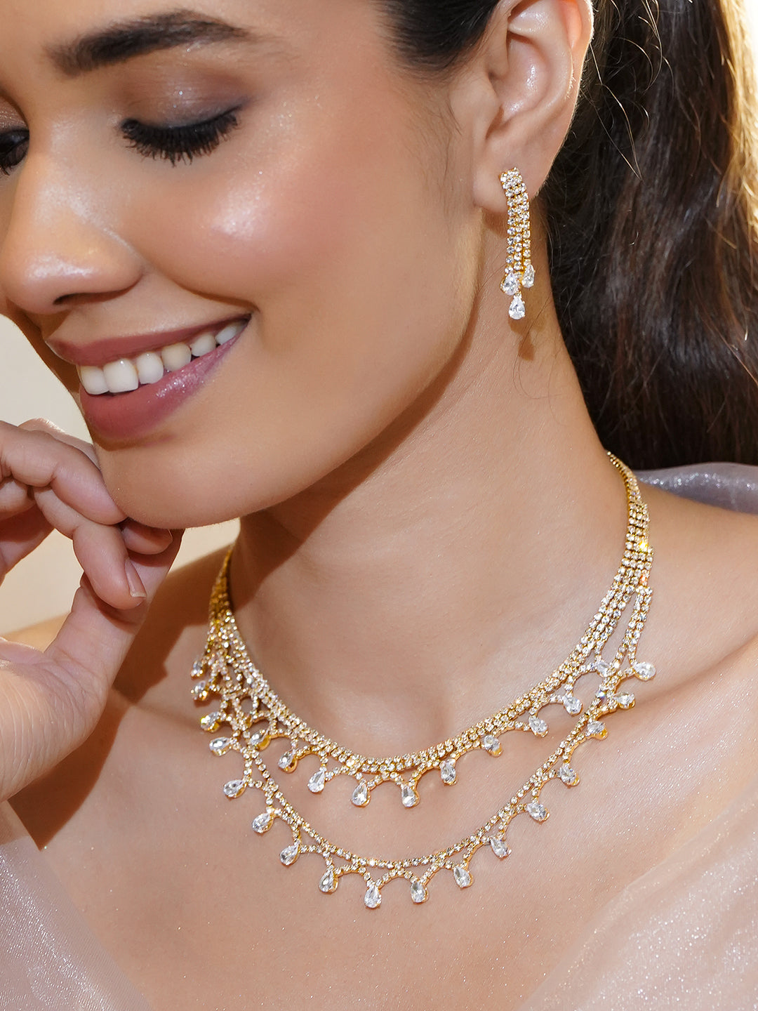 American Diamond Zirconia Gold Toned Necklace Set