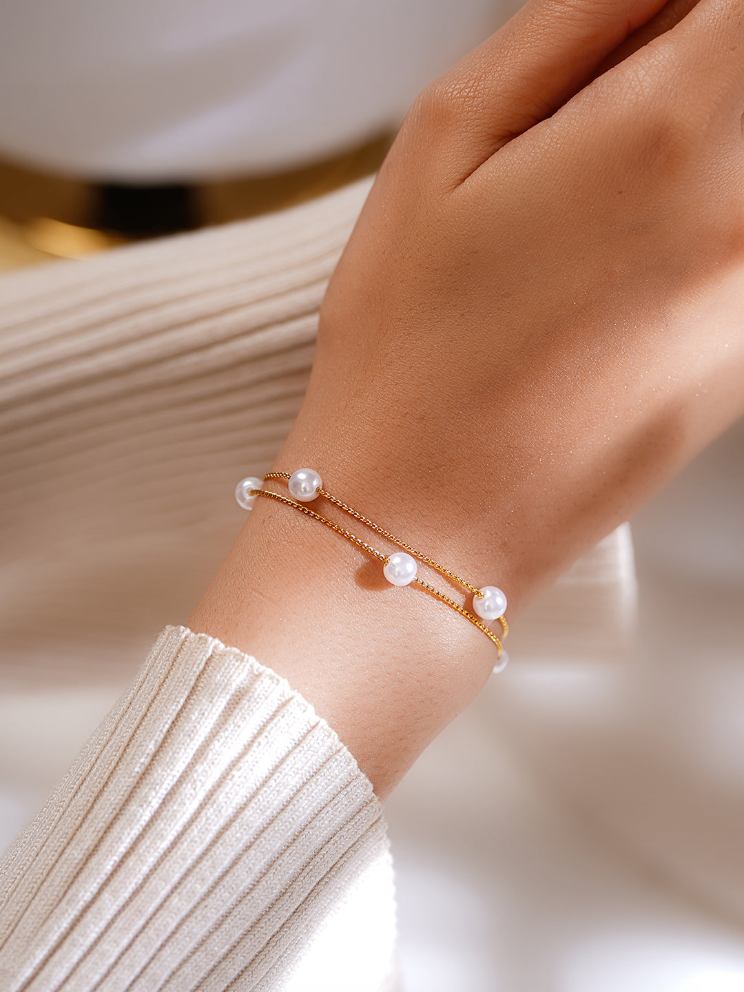 Demifine 18K Gold Plated Stainless Steel Pearl Chain Bracelet