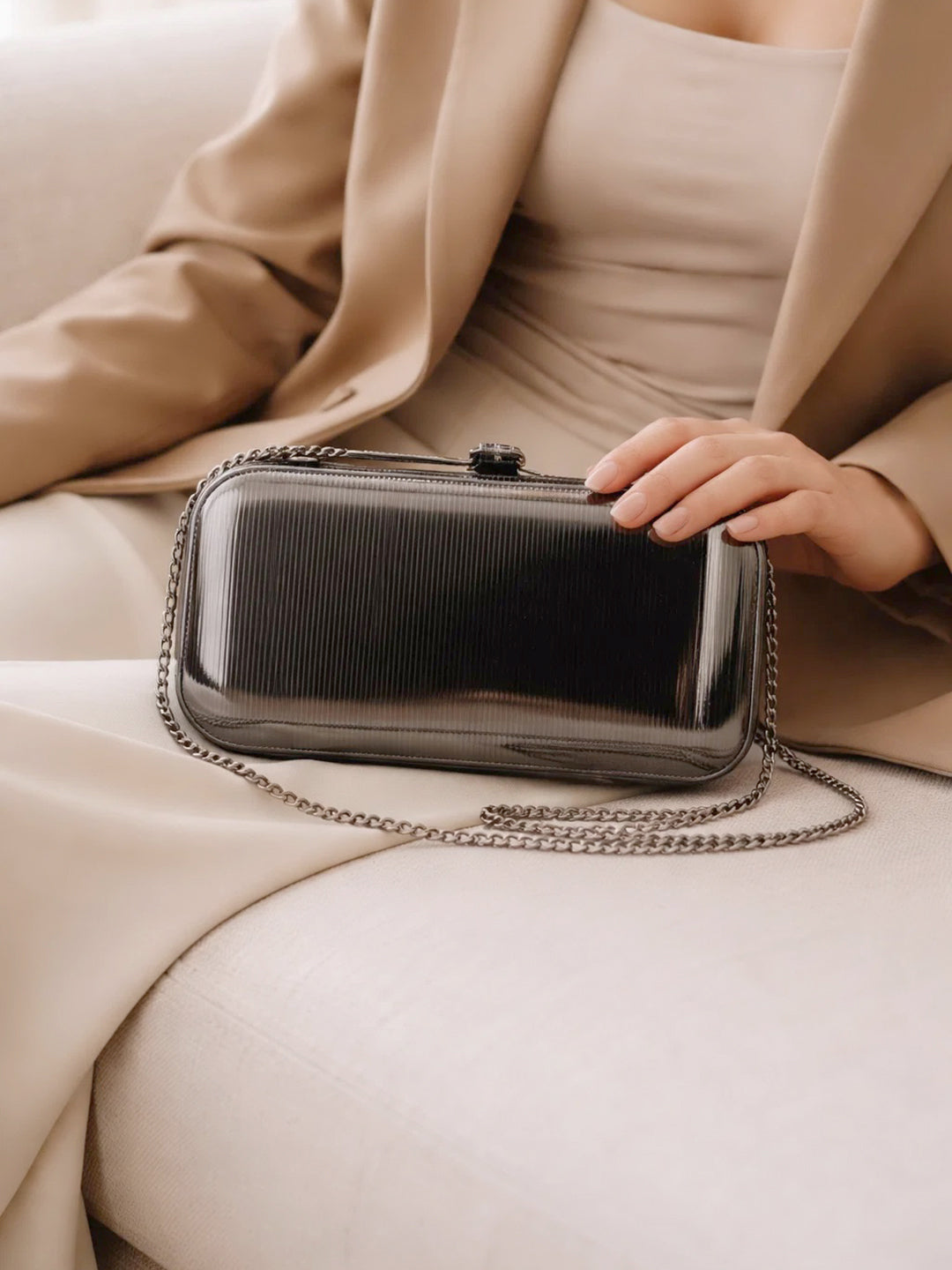 Midnight Black Ribbed Metallic Box Clutch