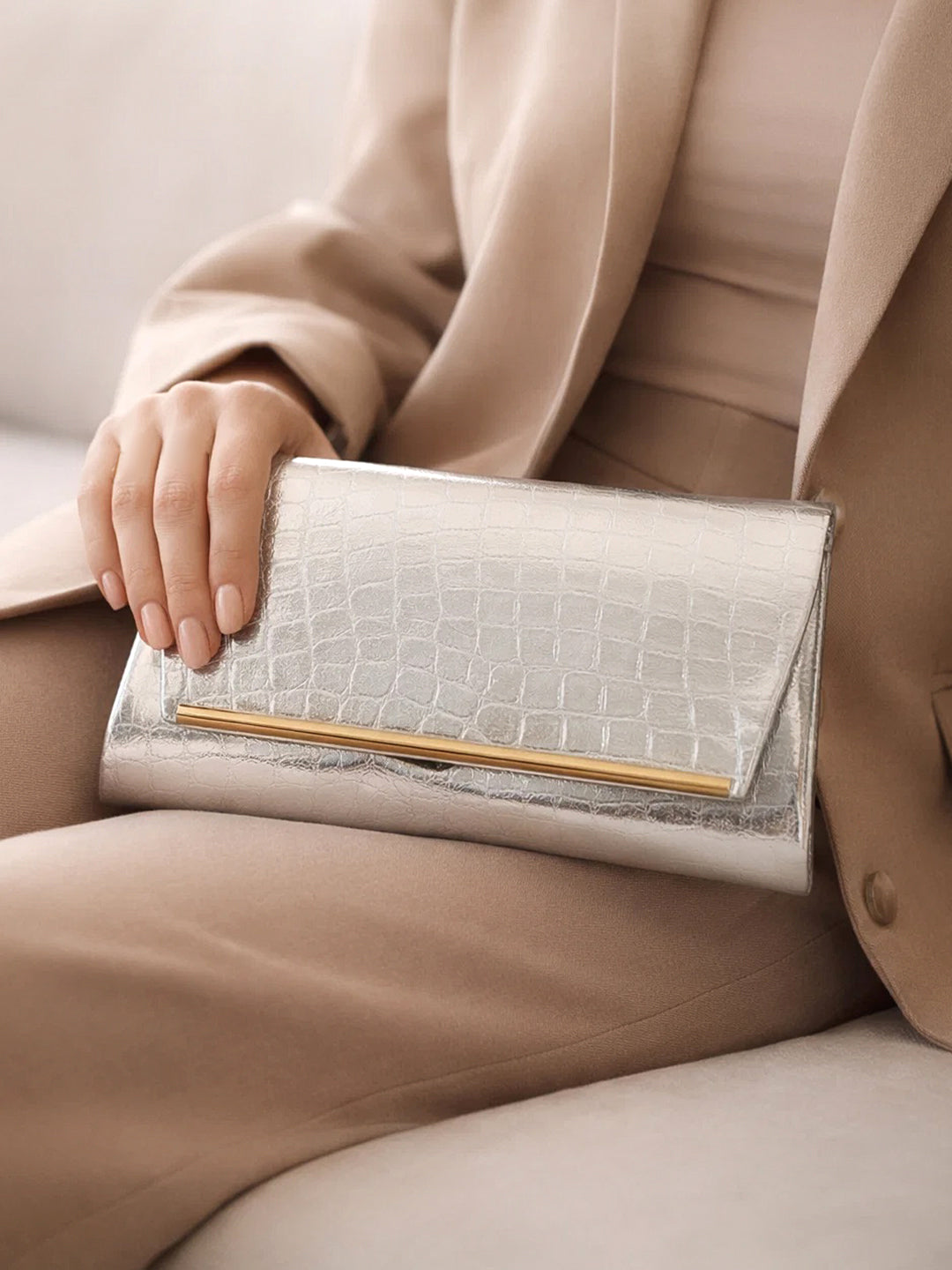 Metallic Silver Croc Chic Envelope Clutch