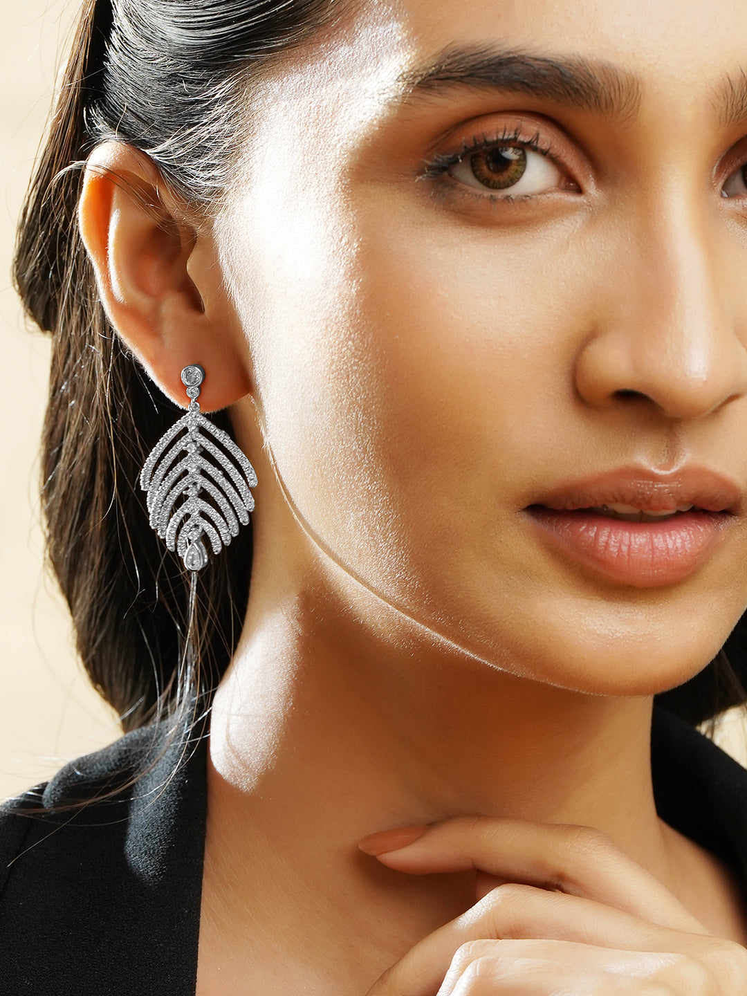Rubans Rhodium-Plated Leaf Design Earrings with Sparkling Cubic Zirconia Stones