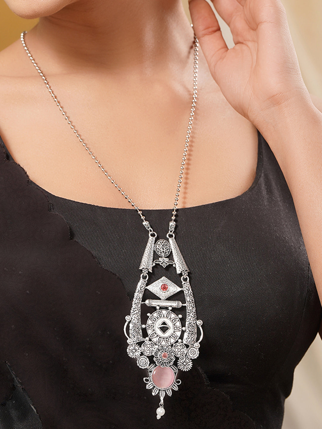 Oxidised Pink Enamel Statement Long Necklace