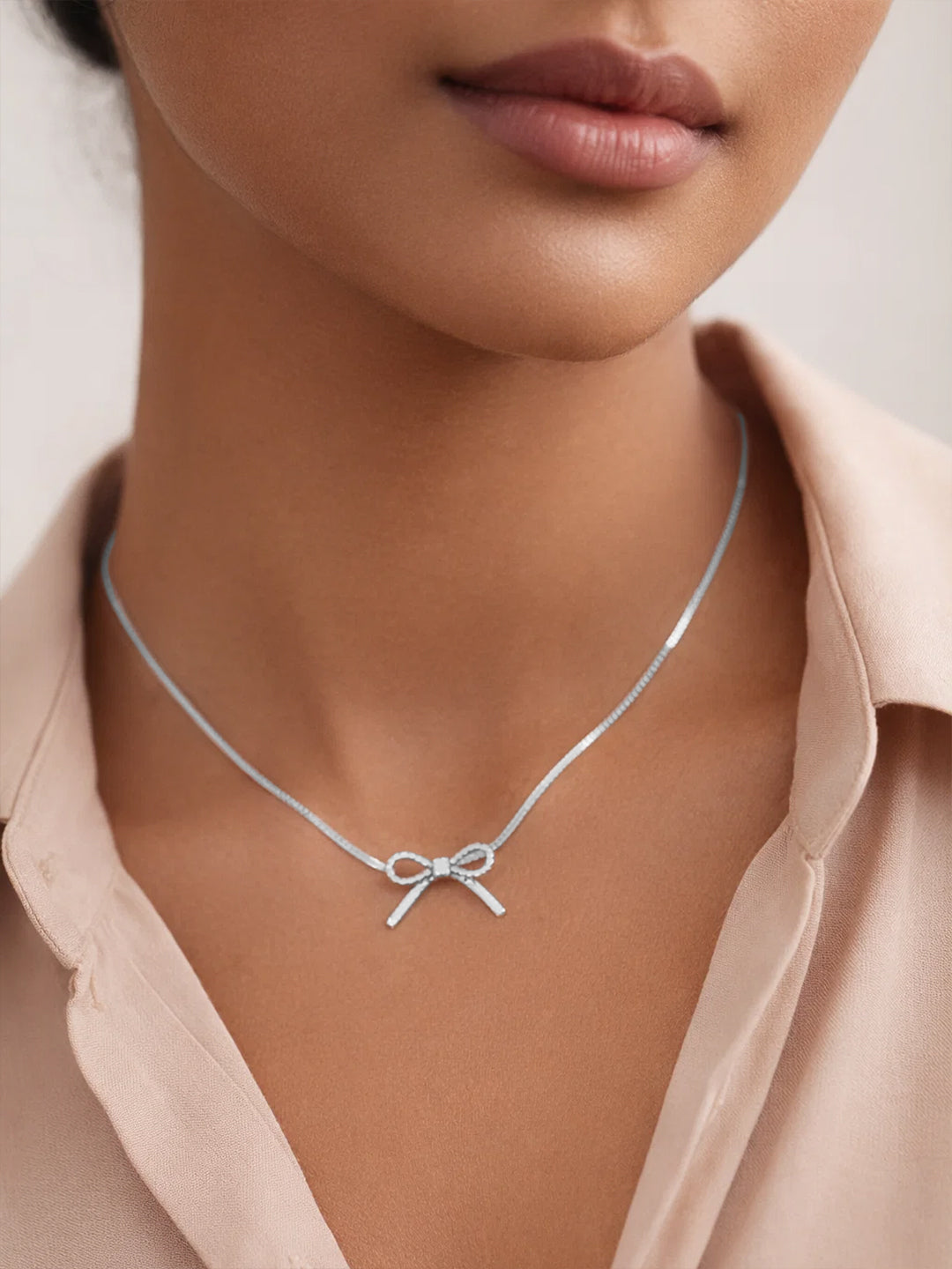 Demifine Rhodium Plated Stainless steel Bow Knot Snake Chain Necklace