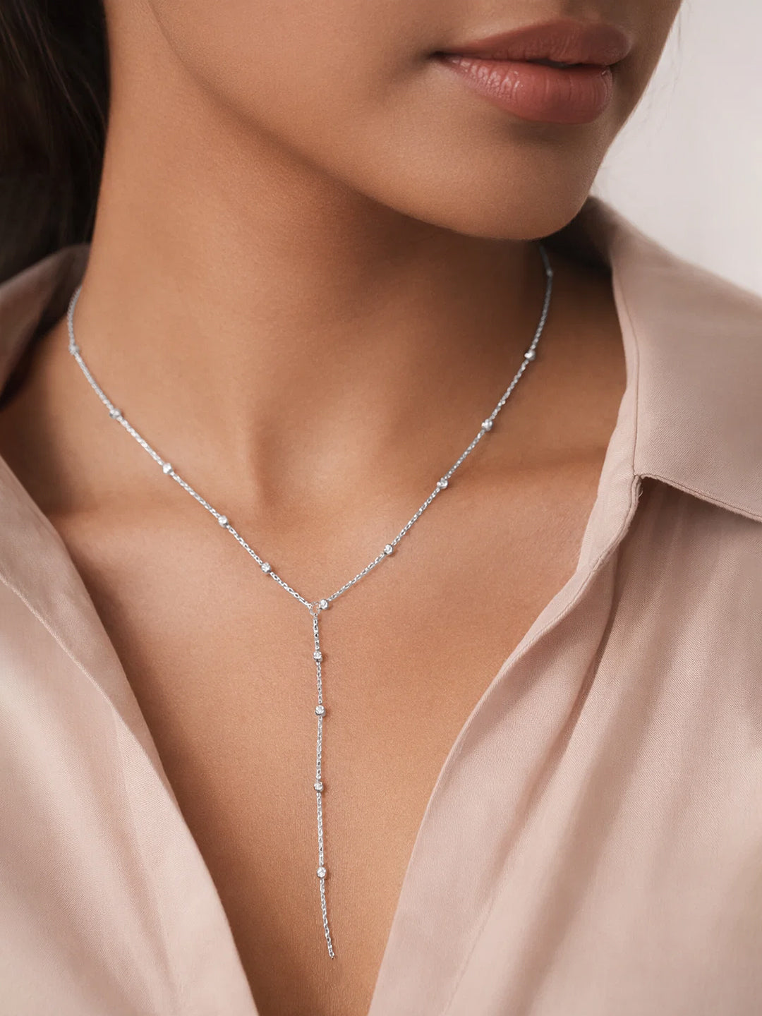 Demifine Rhodium Plated Stainless steel Ball Bead Chain Lariat Drop Necklace
