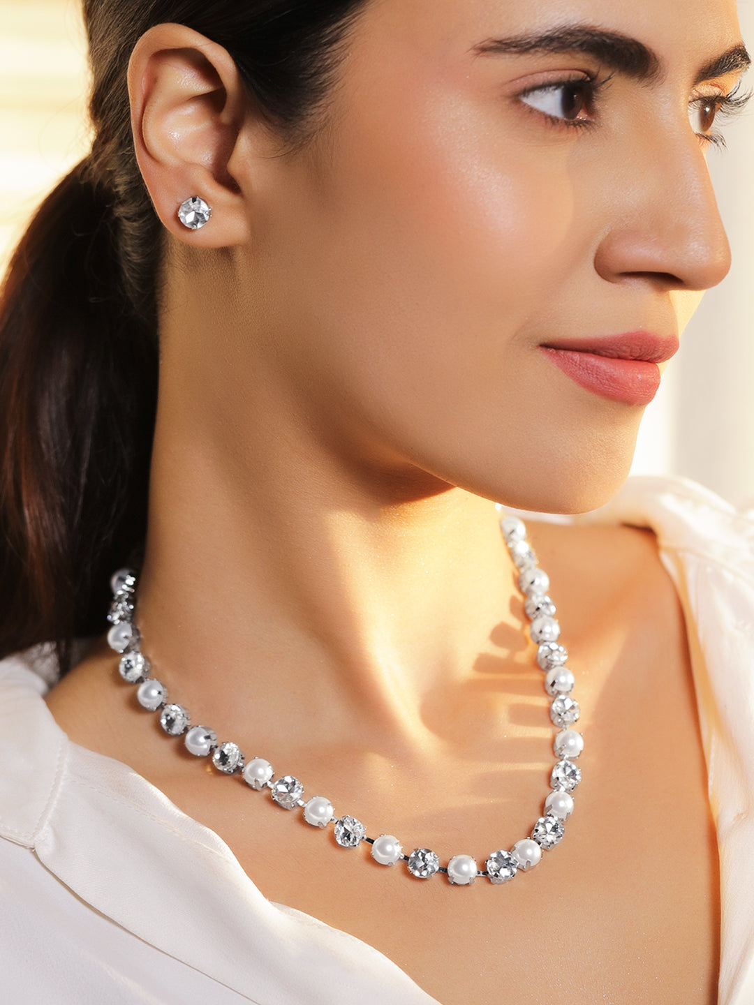 Minimal Pearl American Diamond Zirconia Necklace Set