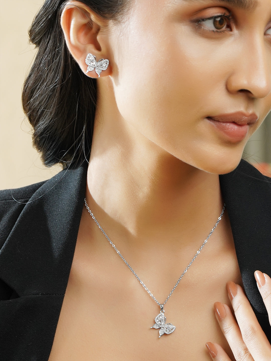 Silver American Diamond Zirconia Butterfly Pendant Necklace Set