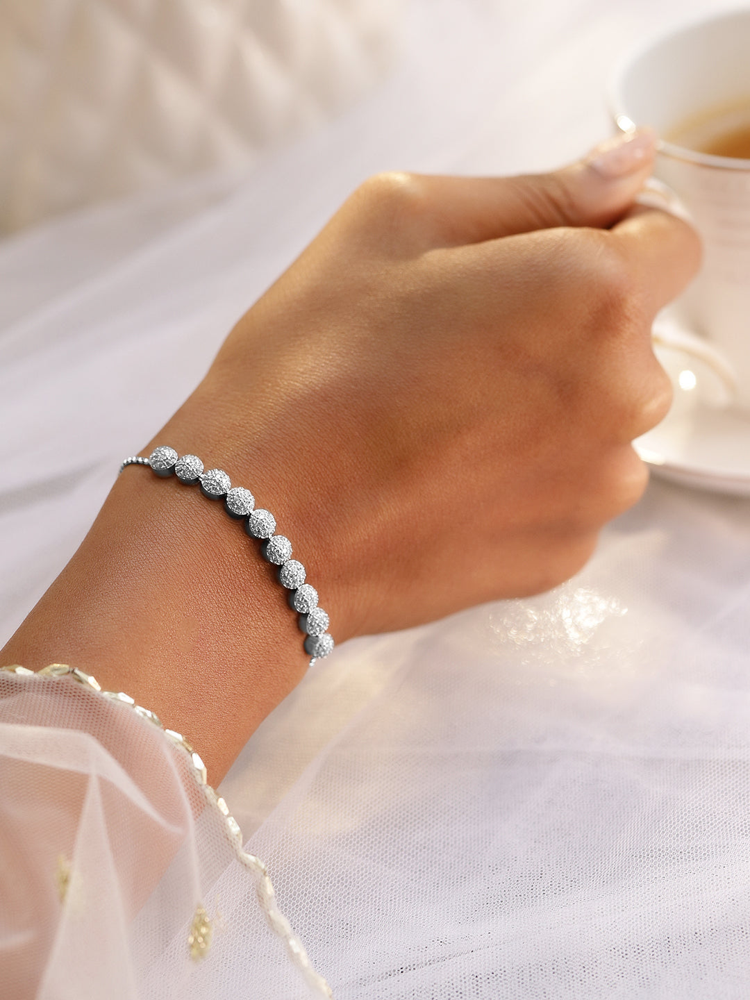 Rubans Rhodium-Plated Adjustable Pull Chain Cubic Zirconia Studded Bracelet