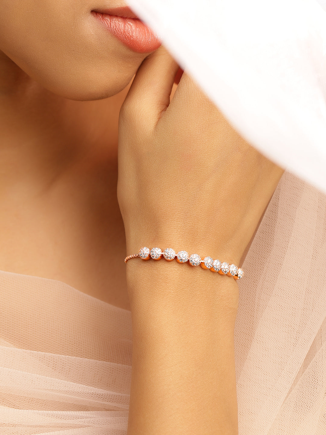Rubans 18K Rose Gold Plated White Cubic Zirconia Adjustable Pull Chain Bracelet
