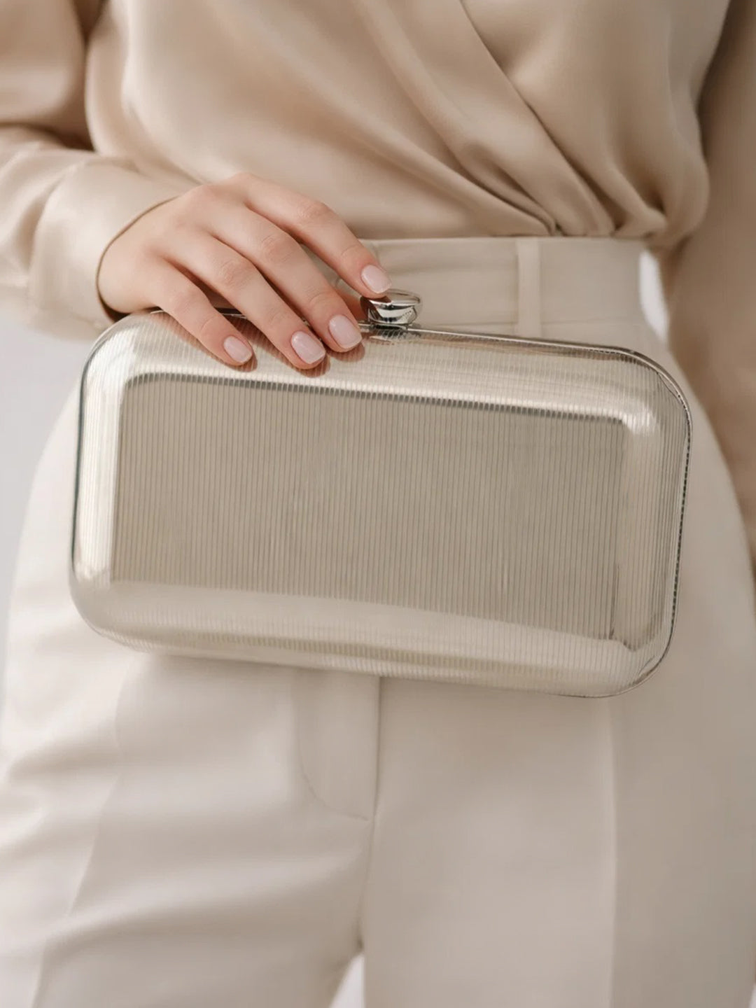 Silver Ribbed Metallic Texture Box Clutch