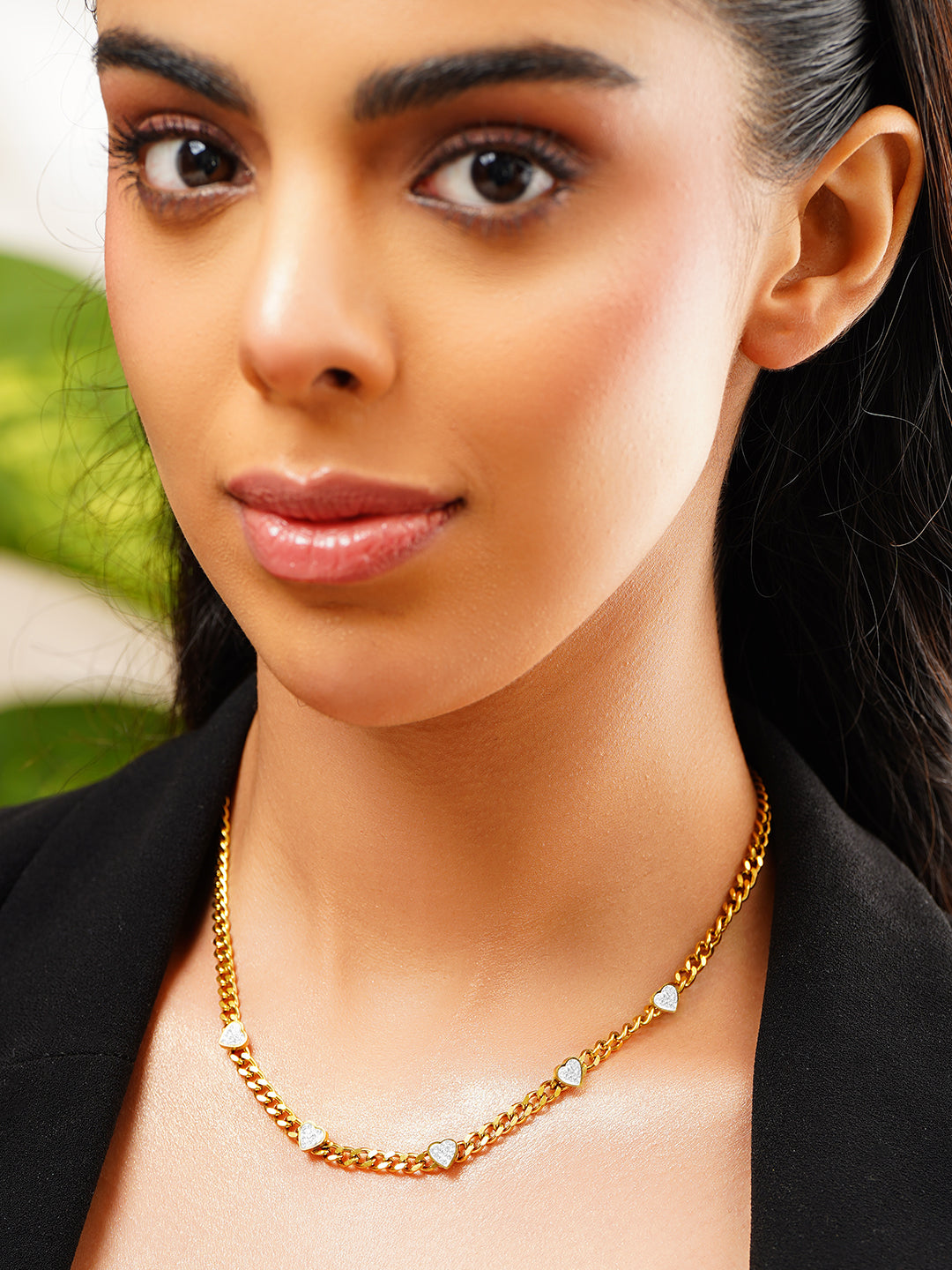 Demifine 18K Gold Plated Stainless Steel Heart Charm Cuban Chain Necklace