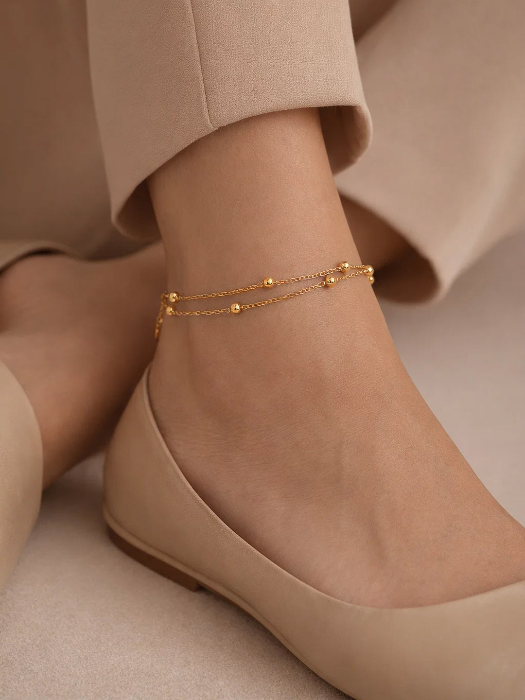 Demifine 18K Gold Plated Stainless steel Layered Chain Bead Detail Anklet