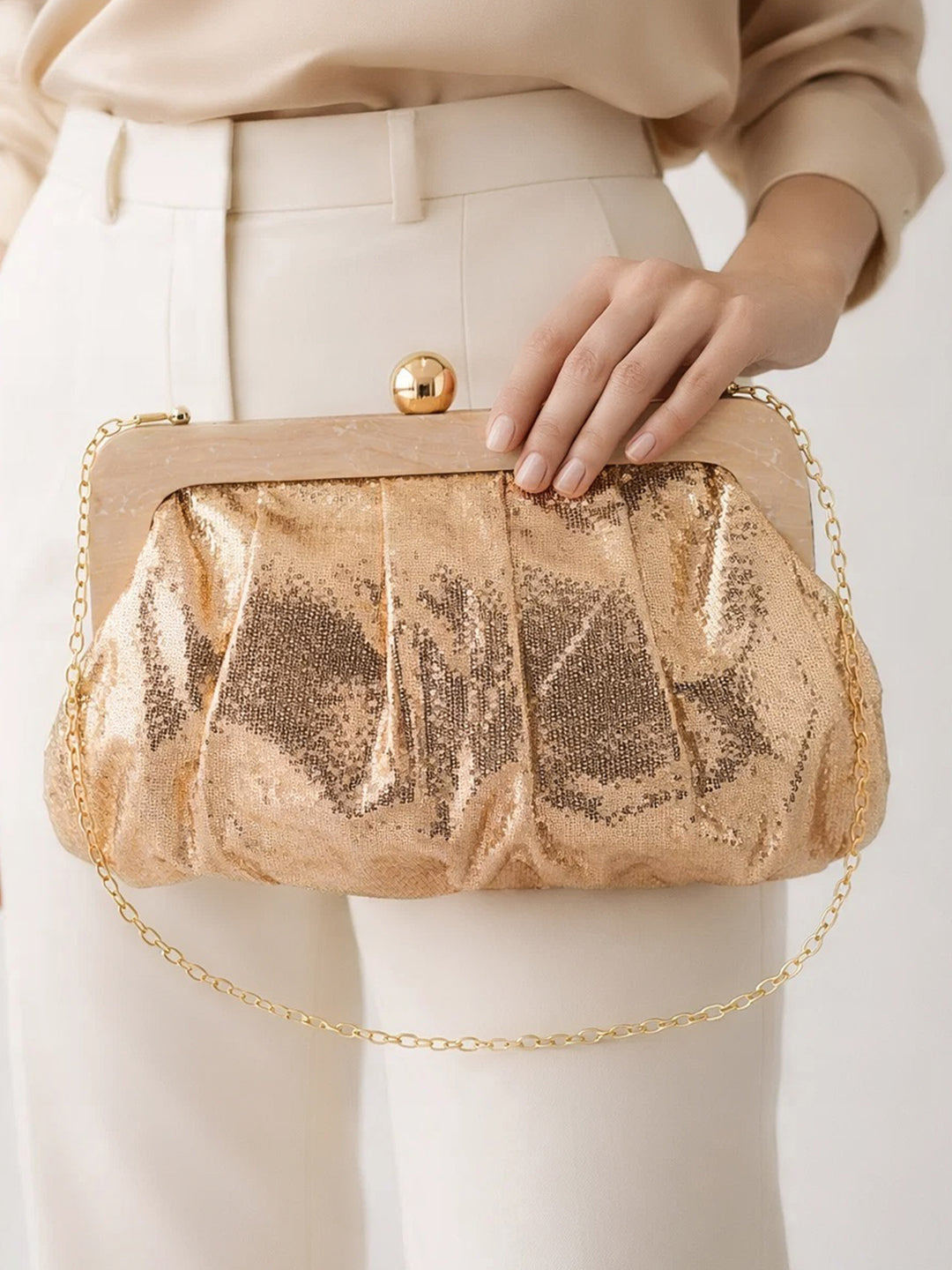 Shimmer Gold Sequin Draped Frame Clutch