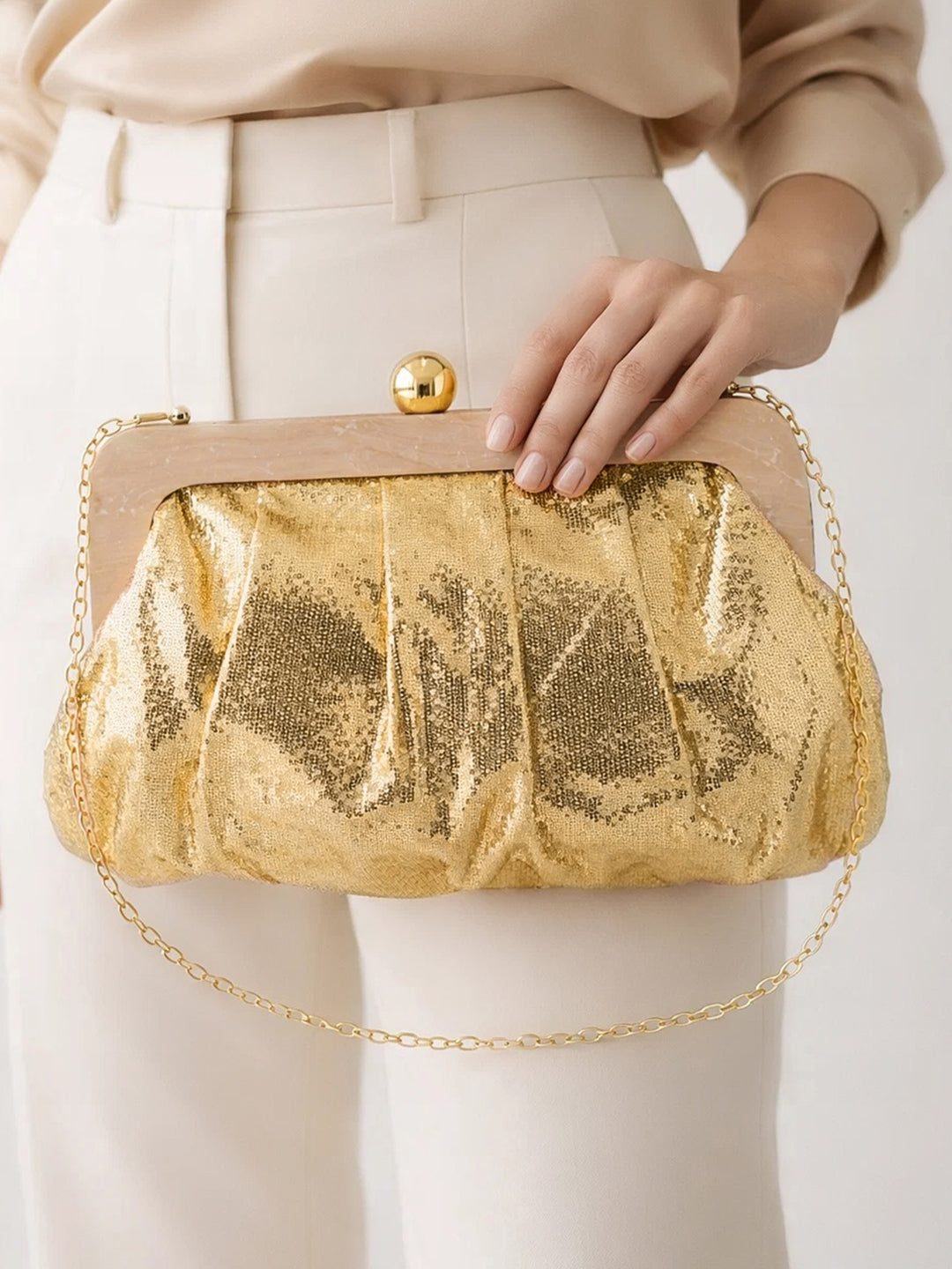 Luxe Gold Sequin Draped Clutch Bag
