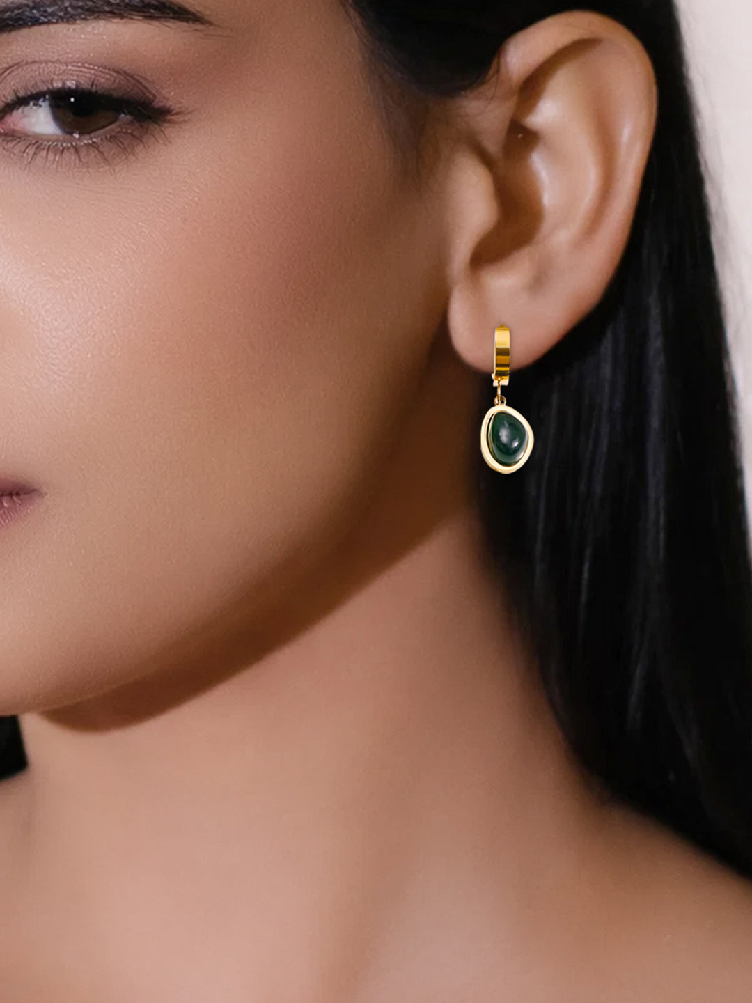 Demifine 18K Gold Plated Stainless steel Emerald Oval Drop Hoop Earrings