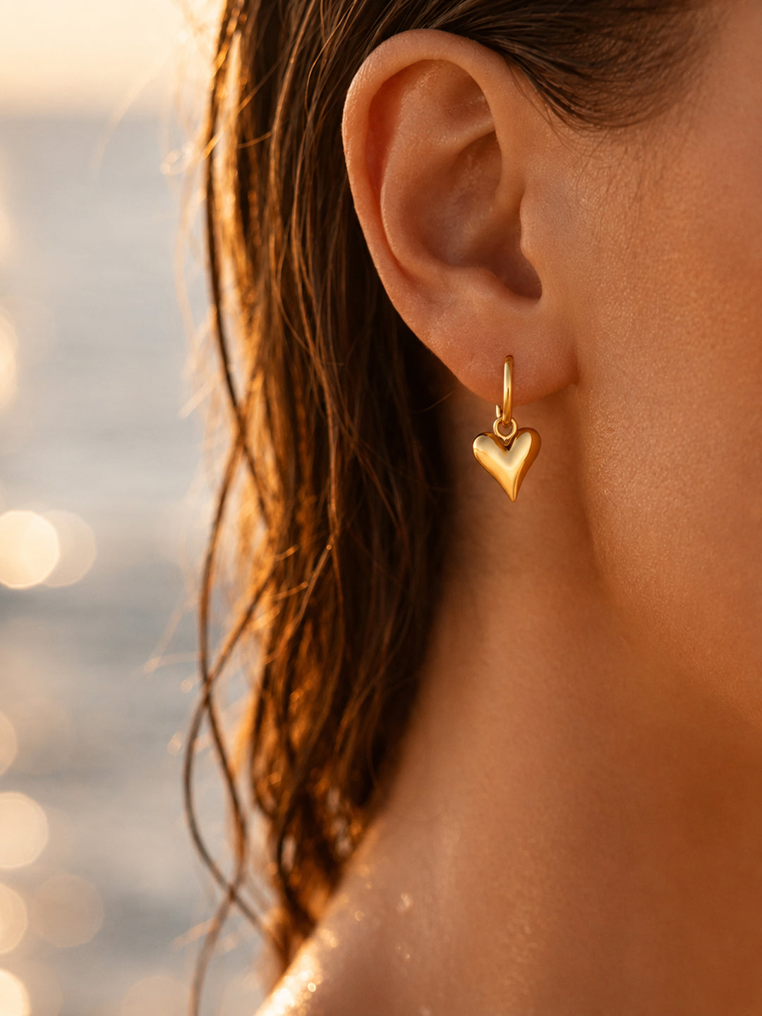 Demifine 18K Gold Plated Stainless steel Puffy Heart Charm Hoop Drop Earrings