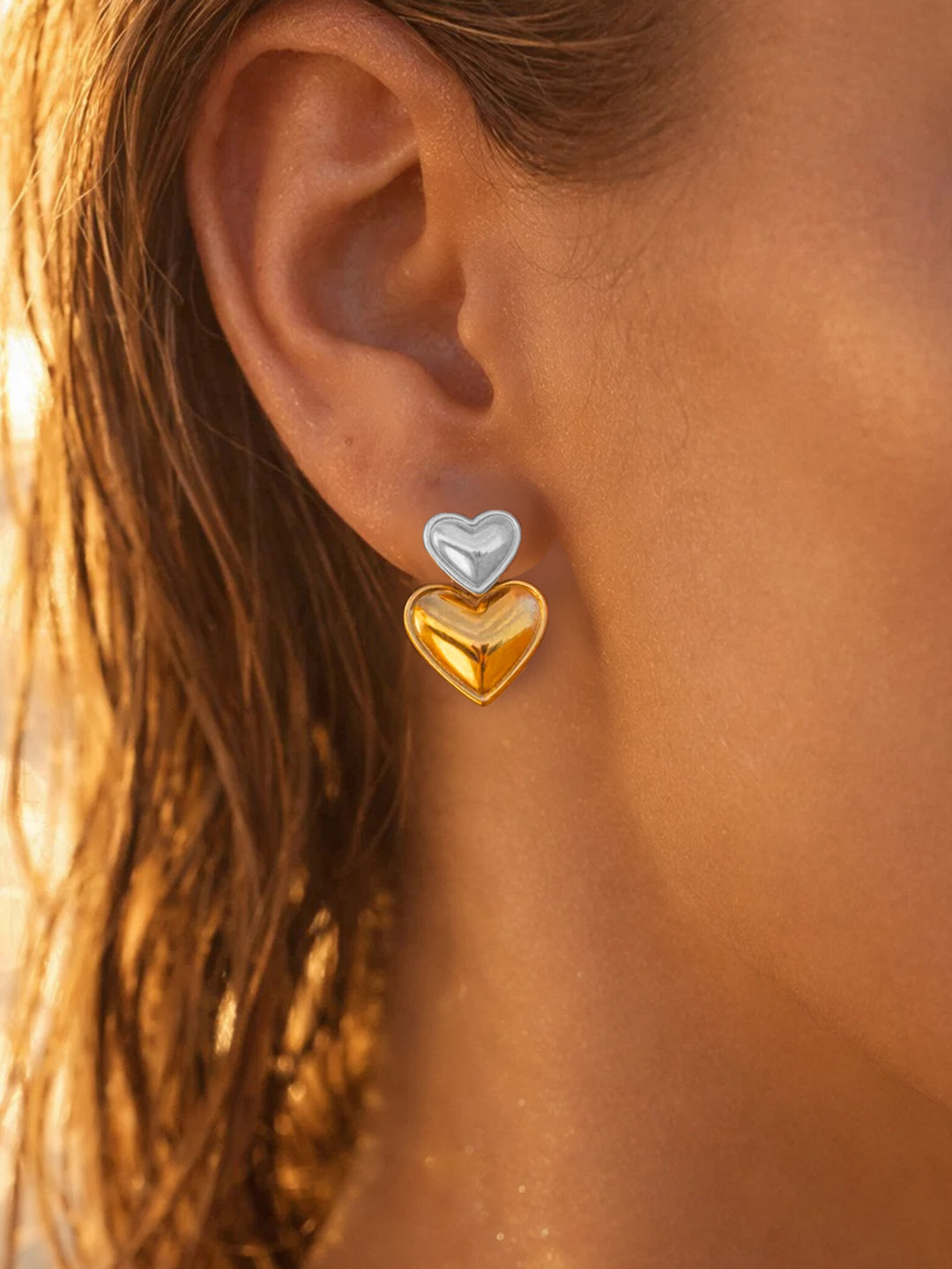 Demifine Dual Tone Stainless steel Double Heart Design Drop Earrings