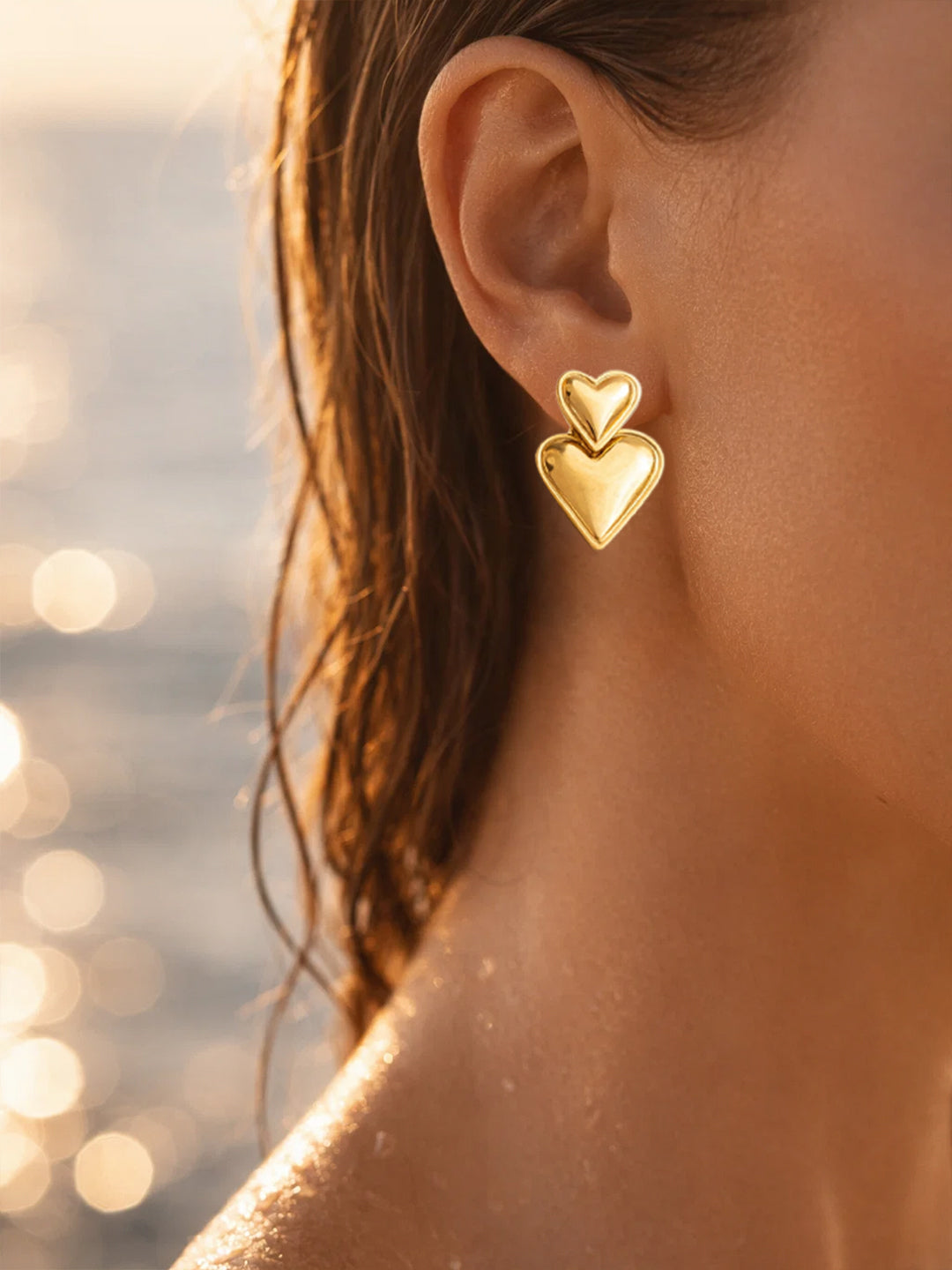 Demifine 18K Gold Plated Stainless steel Double Heart Oversized Drop Earrings
