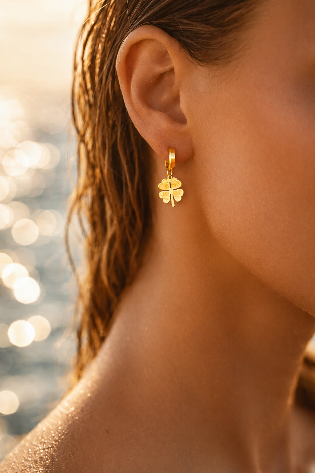 Demifine 18K Gold Plated Stainless steel Clover Flora Charm Hoop Drop Earrings