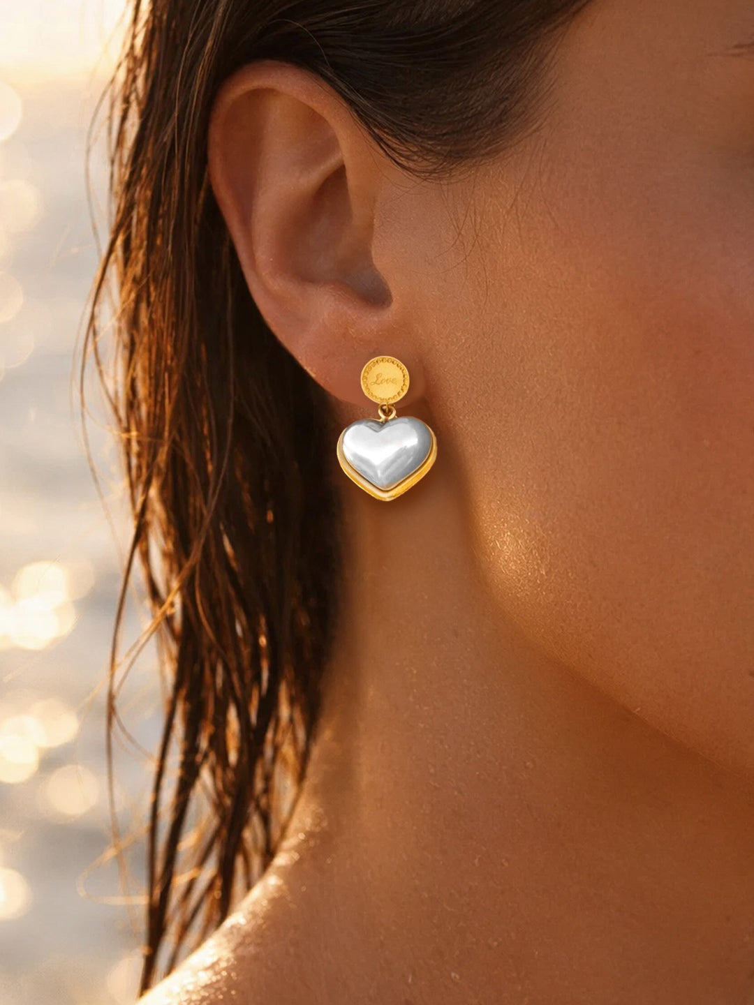 Demifine 18K Gold Plated Stainless steel Heart Pearl Inlay Drop Earrings