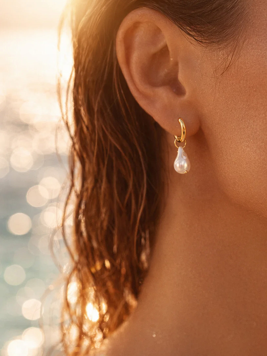 Demifine 18K Gold Plated Stainless steel Baroque Pearl Drop Hoop Earrings