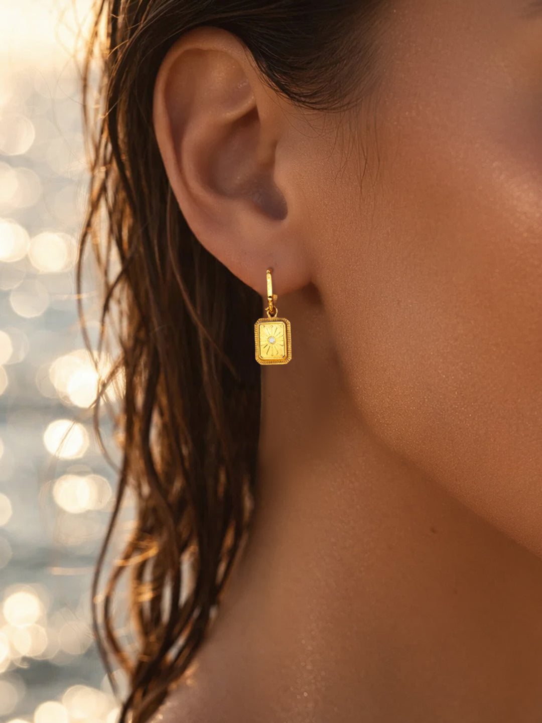 Demifine 18K Gold Plated Stainless steel Rectangle Charm Hoop Drop Earrings
