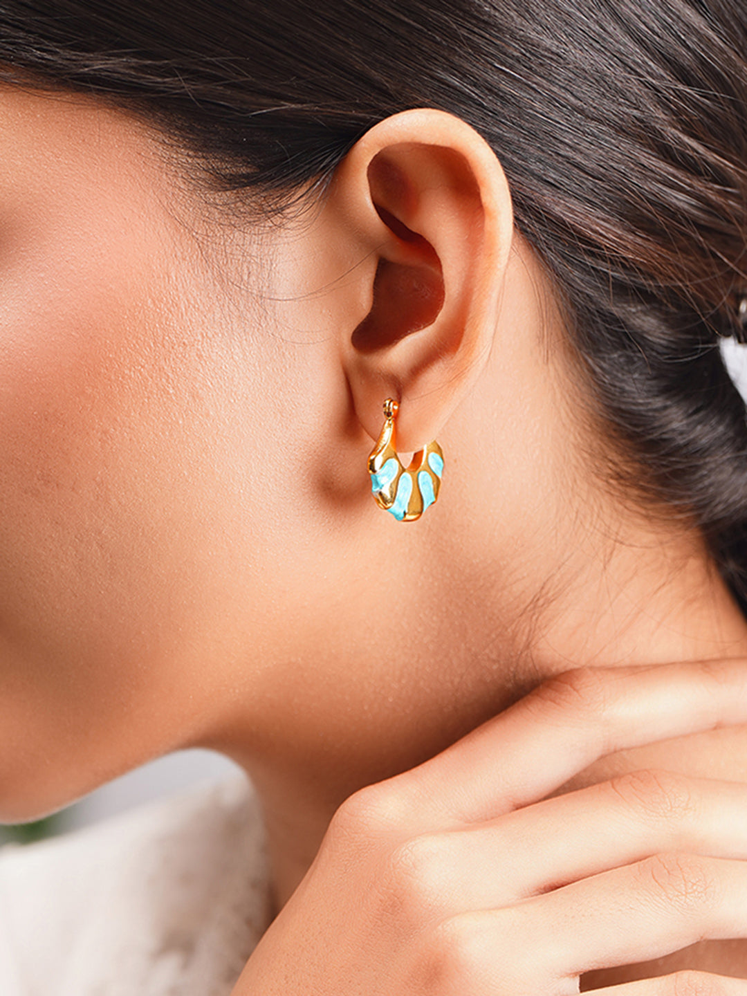 Demifine 18K Gold Plated Stainless steel Turquoise Enamel Pattern Hoops Earrings