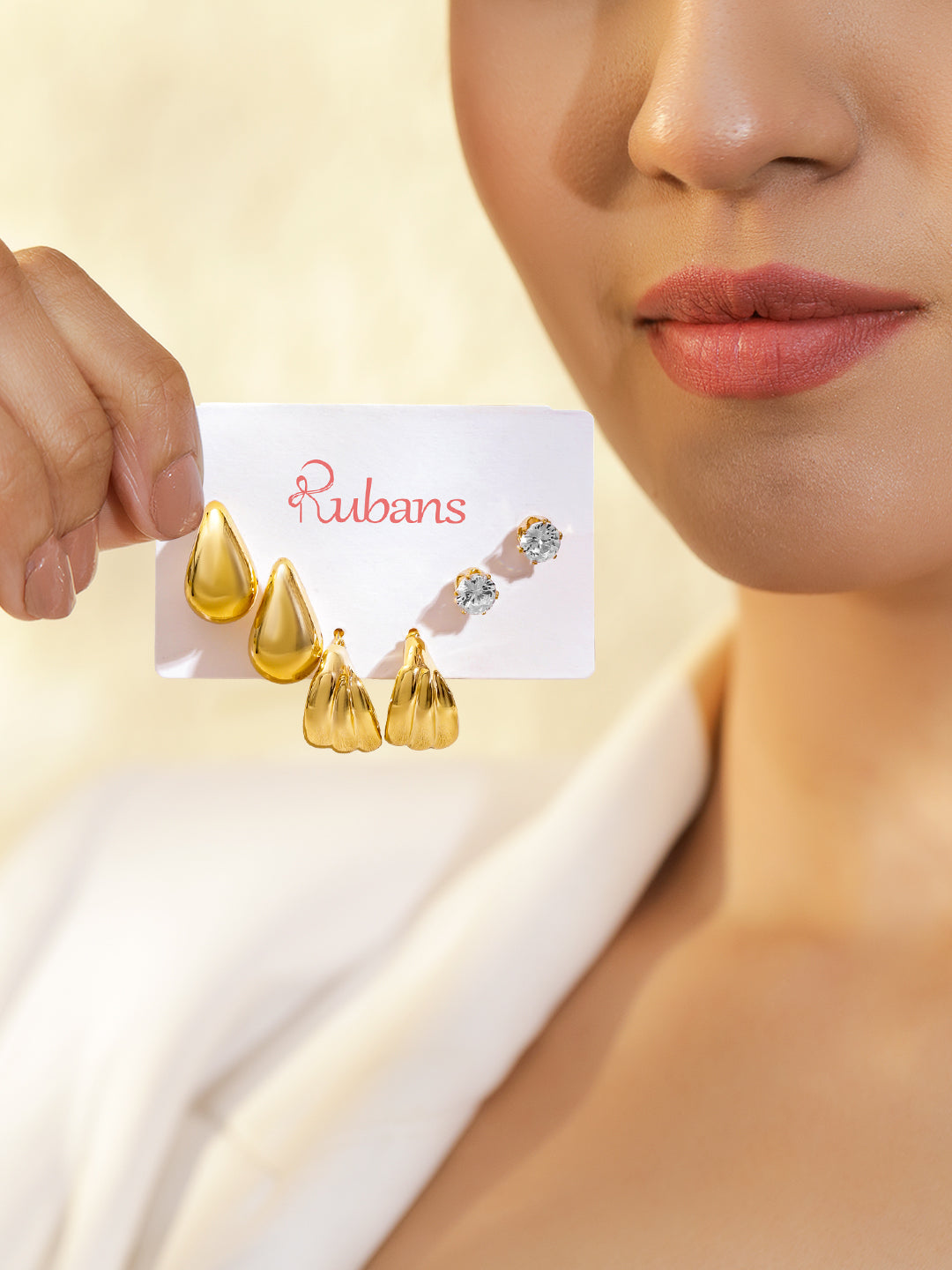 Rubans Set of 3 18K Gold-Plated Tear-Drop & Textured Hoop Bold Statement Earrings