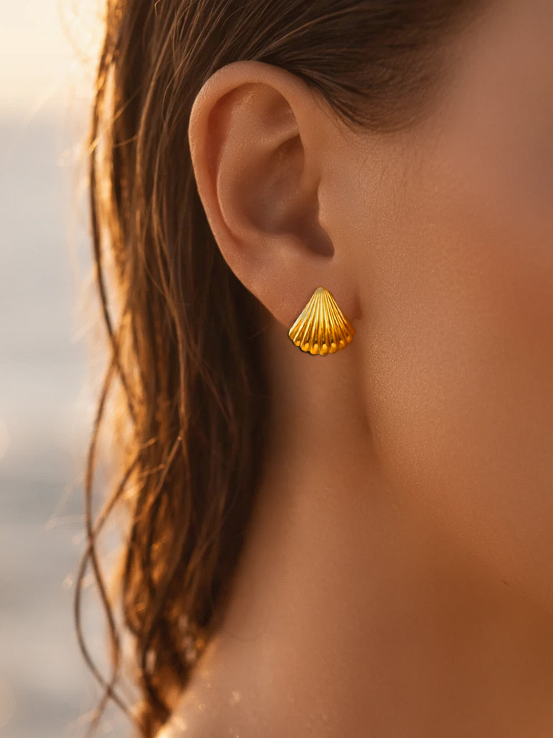 Demifine 18K Gold Plated Stainless steel Textured Shell Stud Earrings