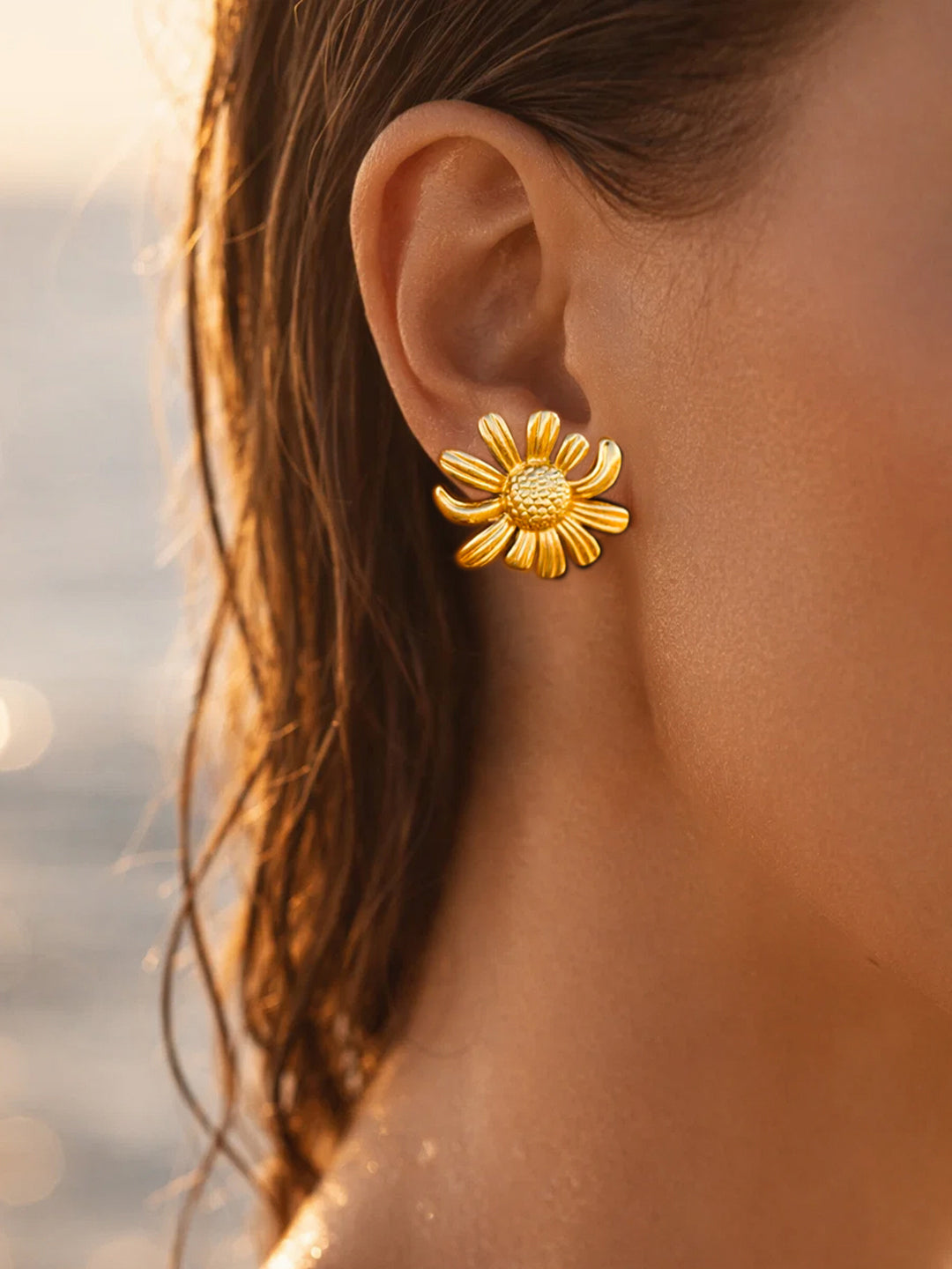 Demifine 18K Gold Plated Stainless steel Sunflower Textured Stud Earrings