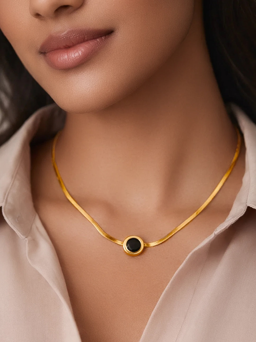 Demifine 18K Gold Plated Stainless steel Black Round Pendant Chain Necklace