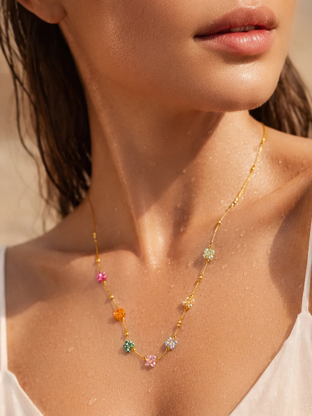 Demifine 18K Gold Plated Stainless steel Mini Multi-Floral Charm Necklace