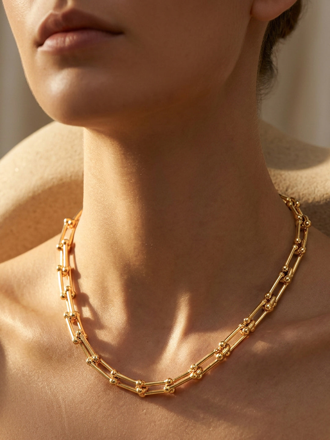 Demifine 18K Gold Plated Stainless steel Beaded Bar Link Chain Necklace