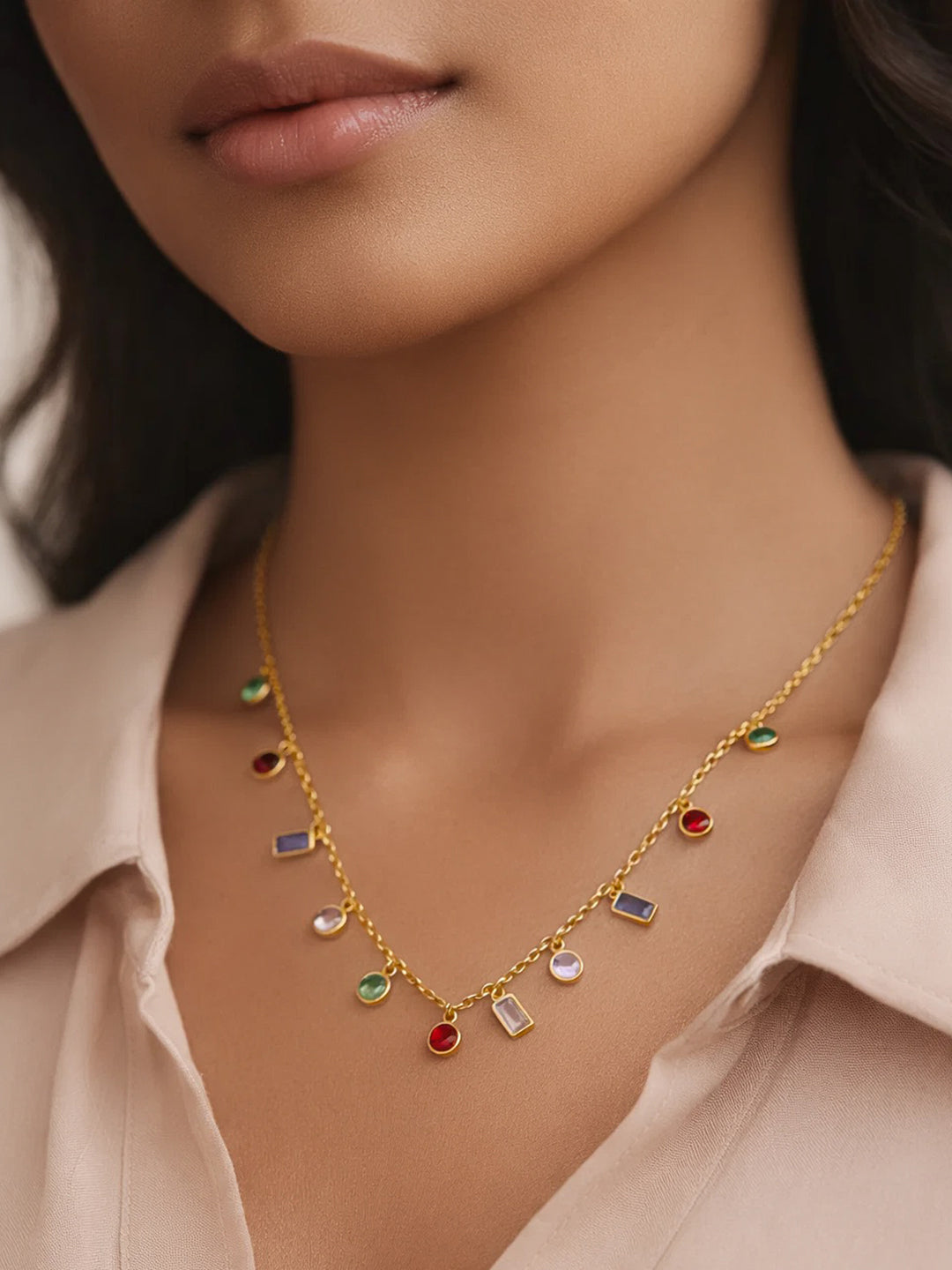 Demifine 18K Gold Plated Stainless steel Multi-Zircon Charm Chain Necklace