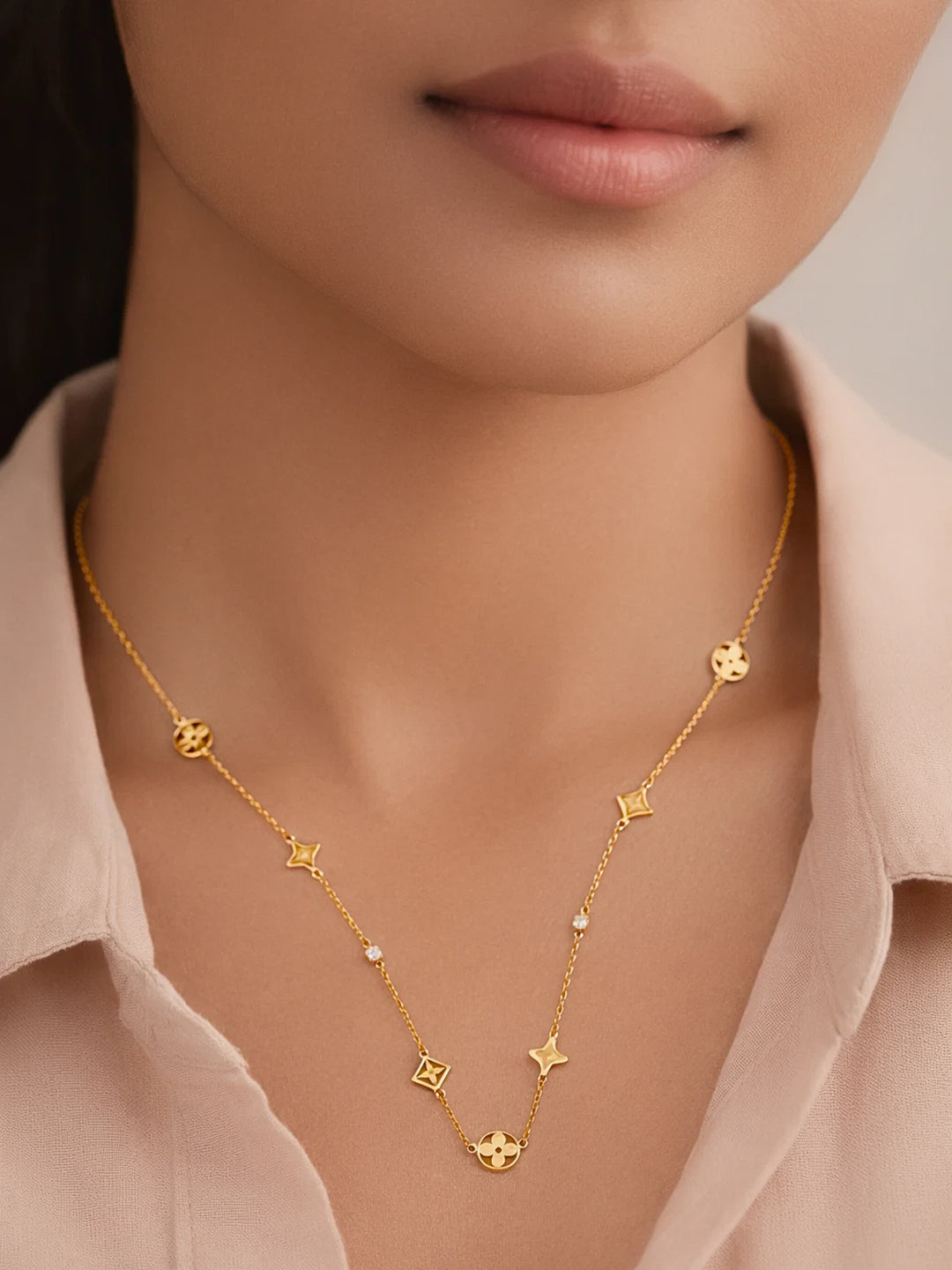 Demifine 18K Gold Plated Stainless steel Mini Multi-Charm Chain Necklace