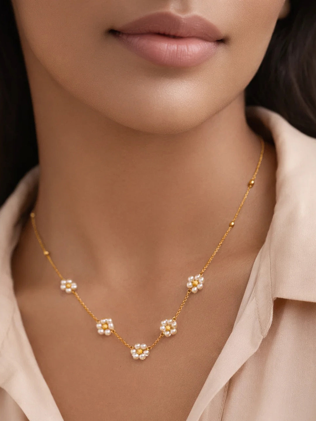 Demifine 18K Gold Plated Stainless steel Mini Pearl Flora Charm Chain Necklace
