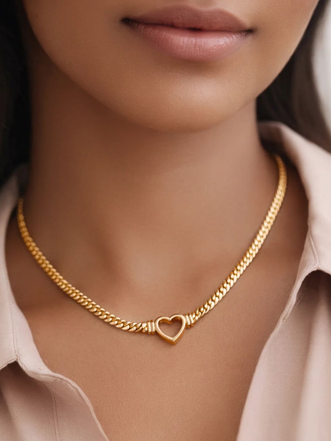 Demifine 18K Gold Plated Stainless steel Chunky Curb Chain Open Heart Necklace