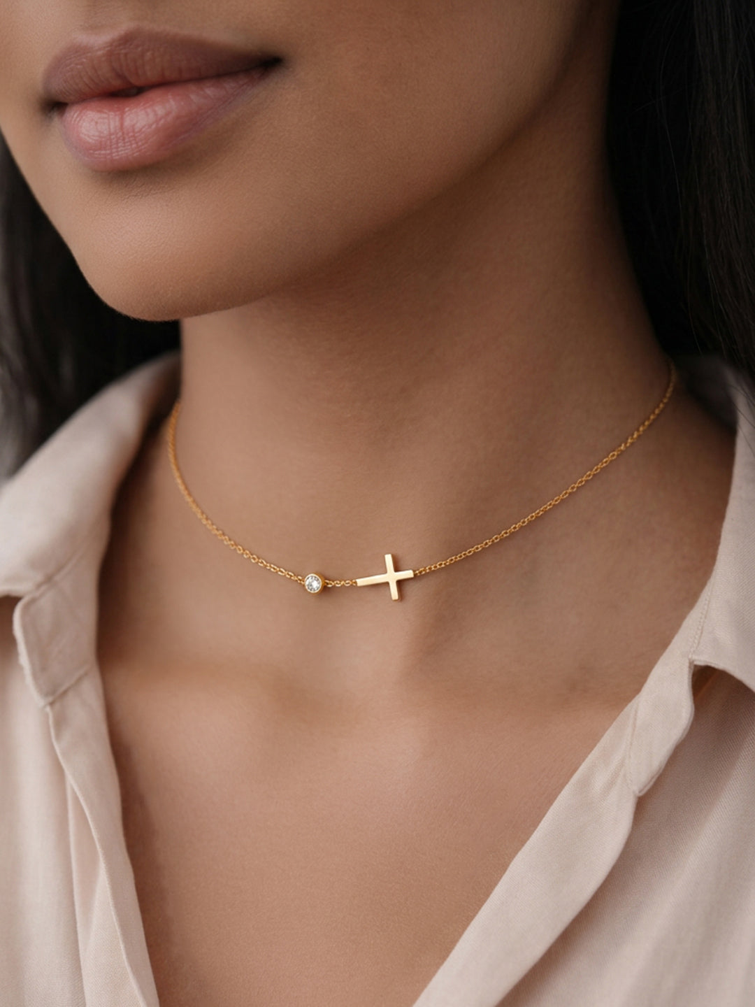 Demifine 18K Gold Plated Stainless steel Cross Bar Chain Crystal Necklace