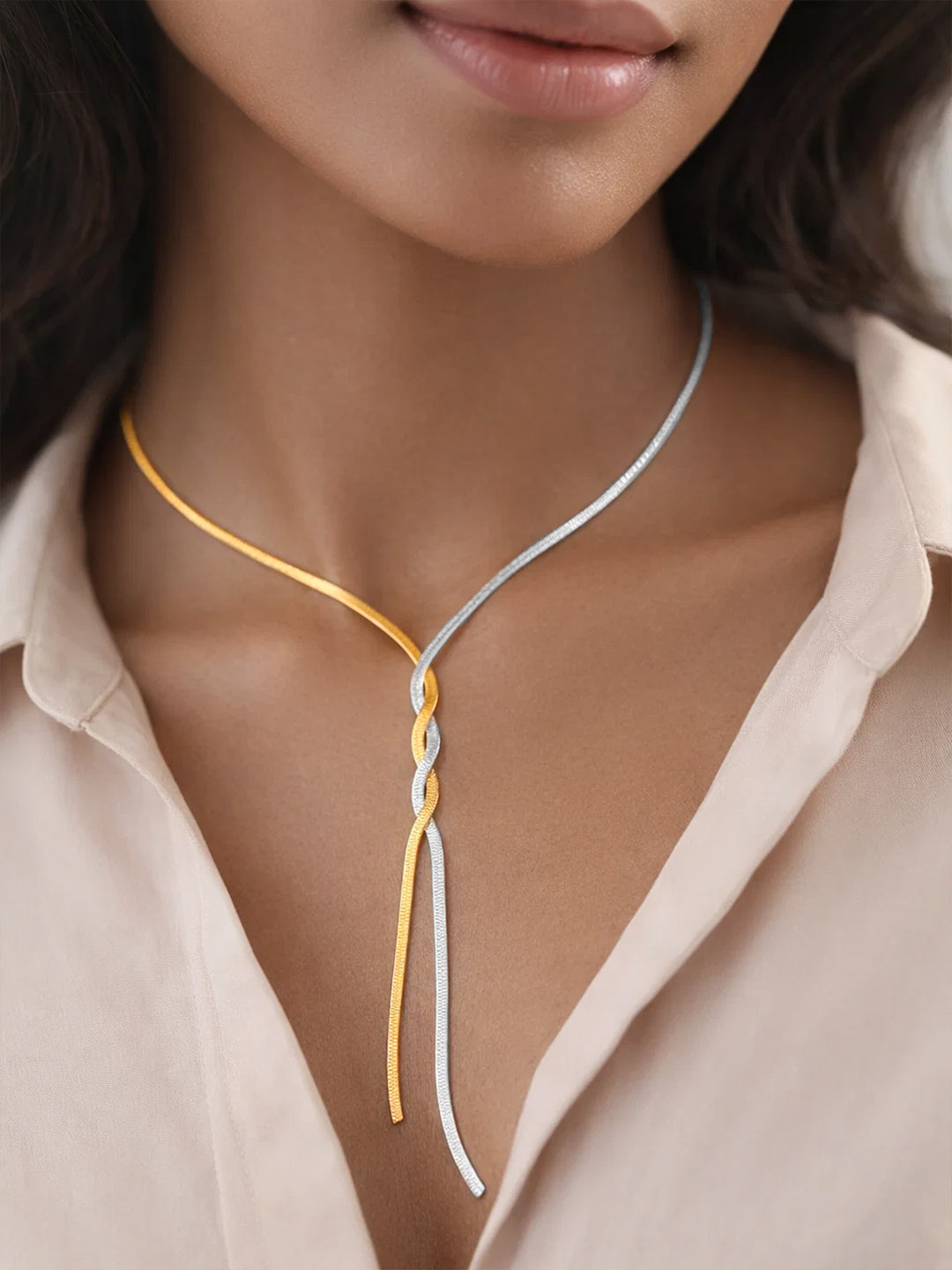 Demifine Dual Tone Stainless steel Snake Chain Lariat Drop Necklace