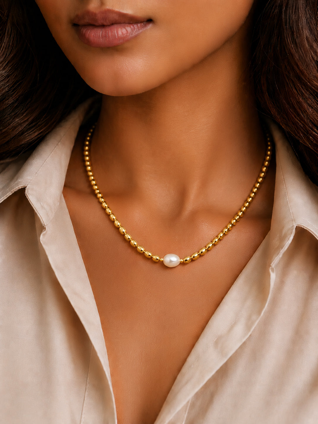 Demifine 18K Gold Plated Stainless steel Oval Pearl Chain Necklace