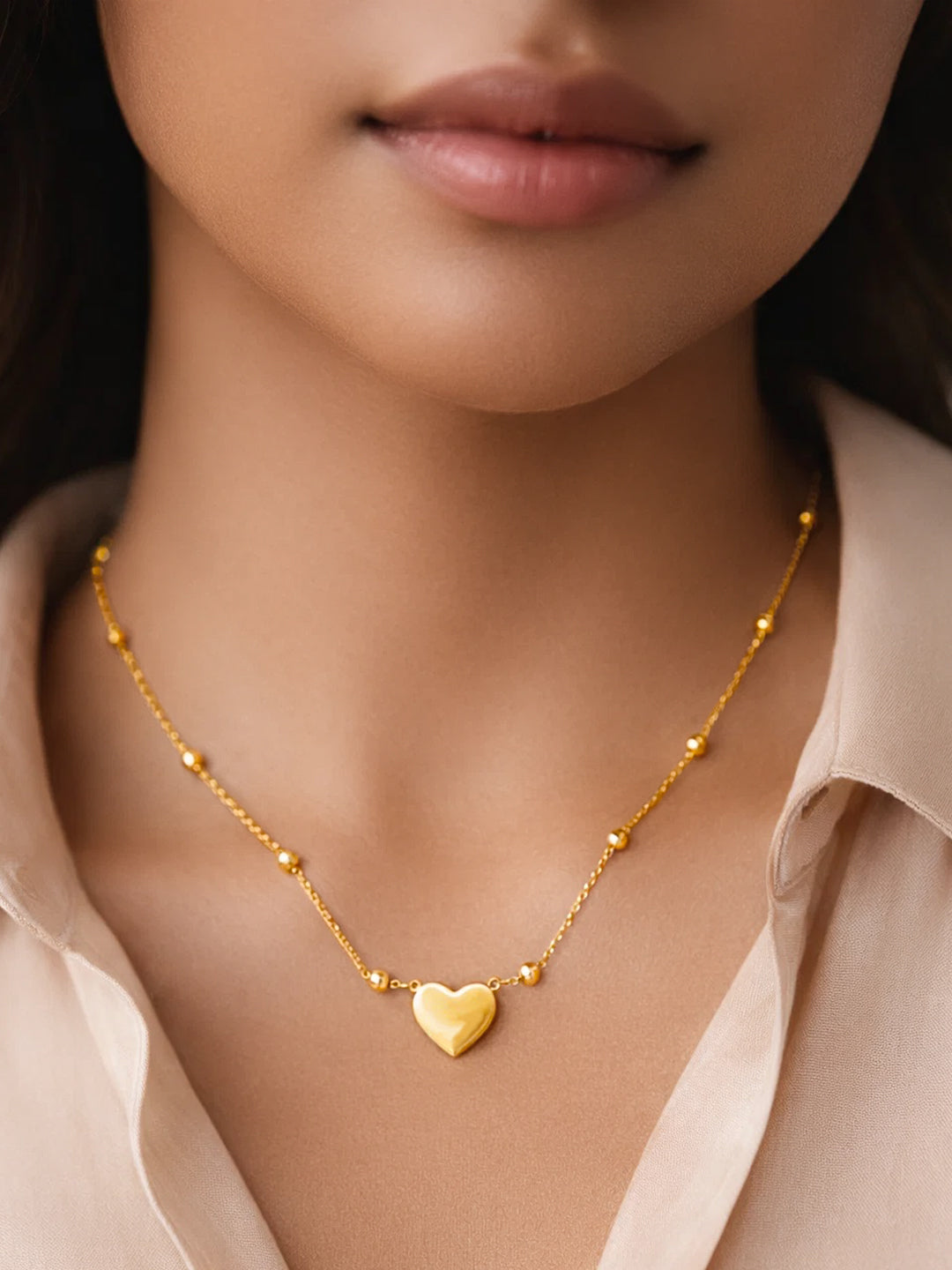 Demifine 18K Gold Plated Stainless steel Beaded Chain Heart Pendant Necklace