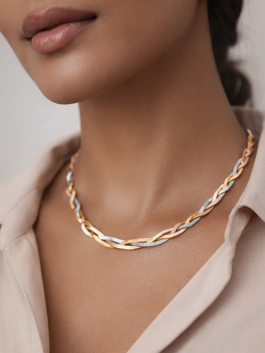 Demifine Triple Tone Stainless steel Twisted Snake Chain Necklace
