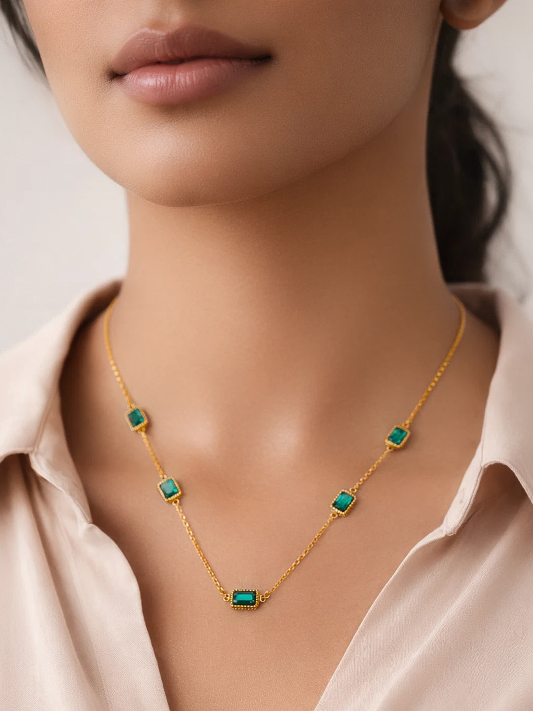 Demifine 18K Gold Plated Stainless steel Chain Emerald Green Necklace