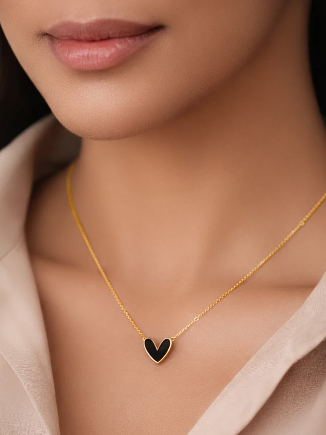 Demifine 18K Gold Plated Stainless steel Black Enamel Heart Pendant Necklace