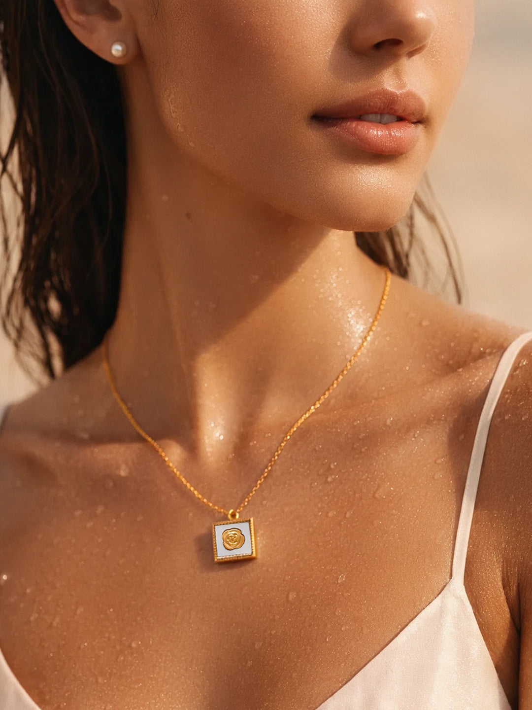 Demifine 18K Gold Plated Stainless steel Rose Enamel Pendant Necklace