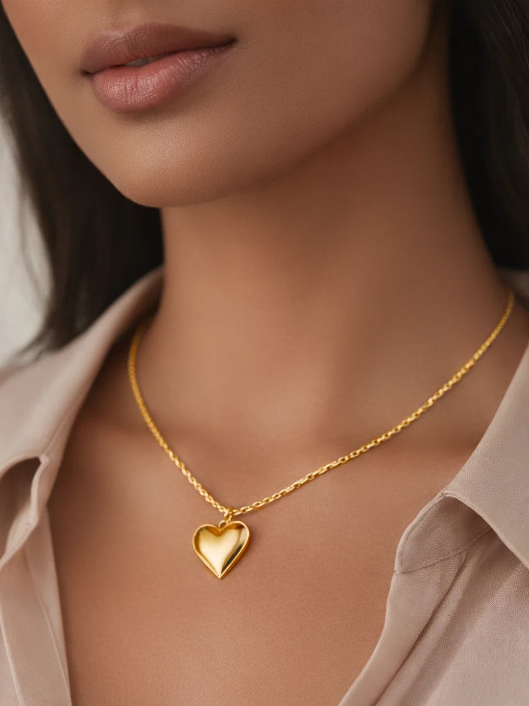 Demifine 18K Gold Plated Stainless steel Puffy Heart Pendant Chain Necklace