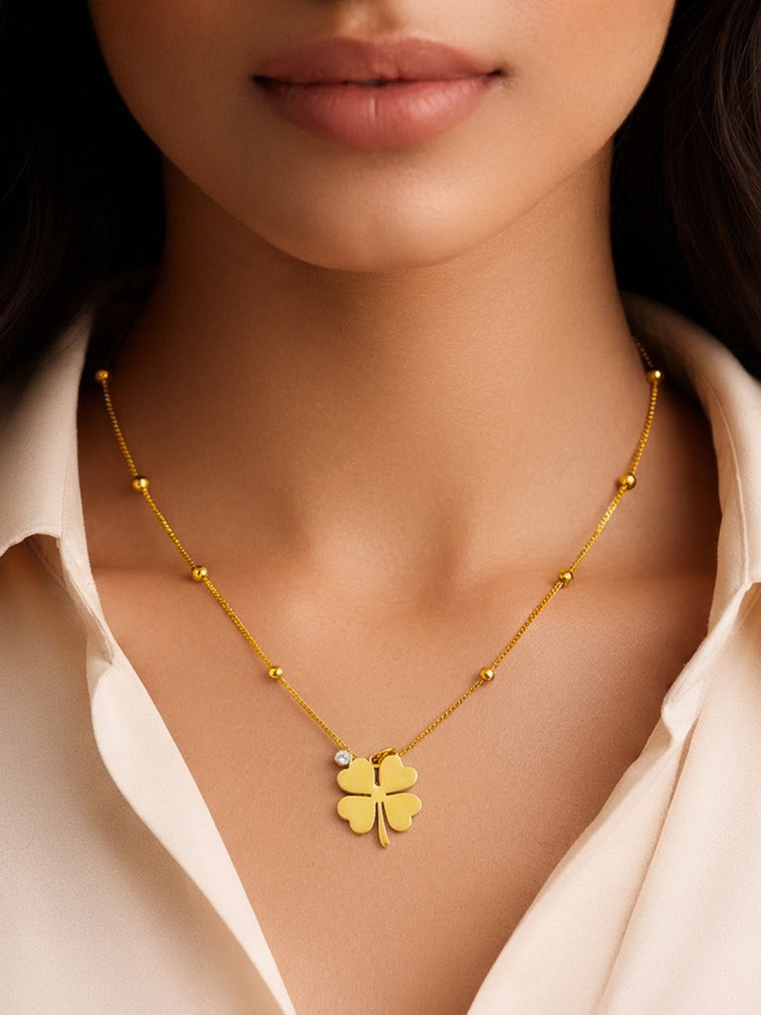 Demifine 18K Gold Plated Stainless steel Clover Pendant AD Detail Necklace