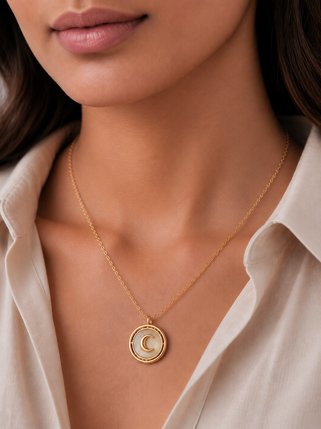 Demifine 18K Gold Plated Stainless steel Moon Coin Pendant Charm Necklace