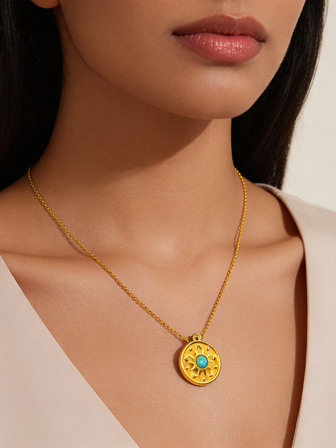 Demifine 18K Gold Plated Stainless steel Statement Turquoise Charm Necklace